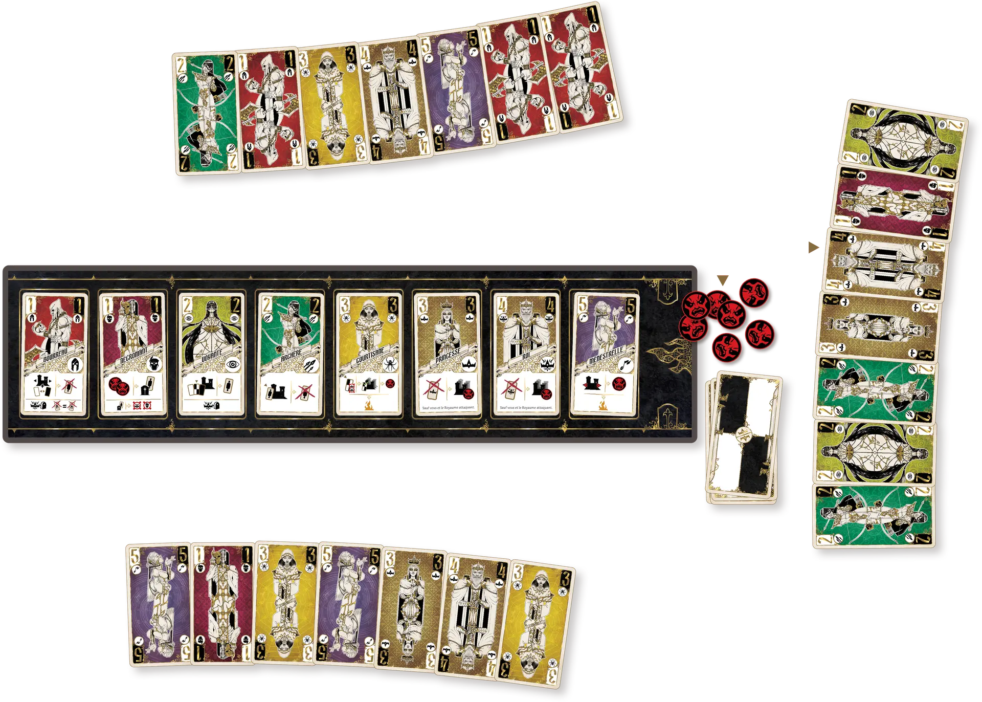 Les cartes unité de Longue vie au roi disposées sur le tapis de jeu
